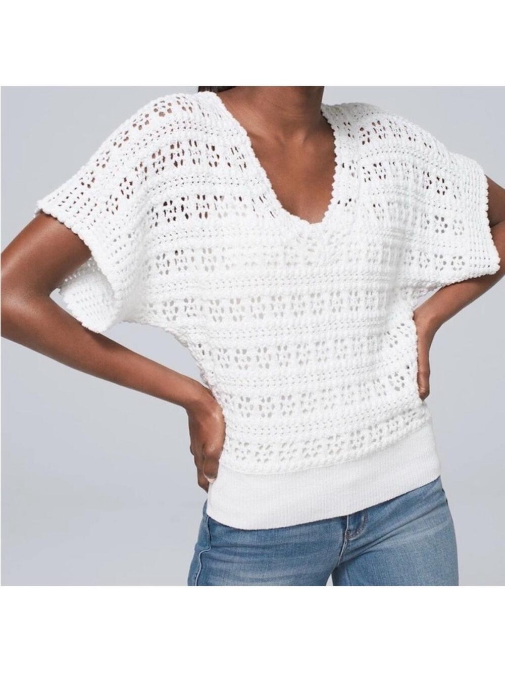 NWT White House Black Market White Crochet V-Neck Pullover Sweater LARGE